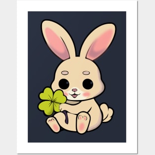 Funny bunny with four leaf clover Posters and Art